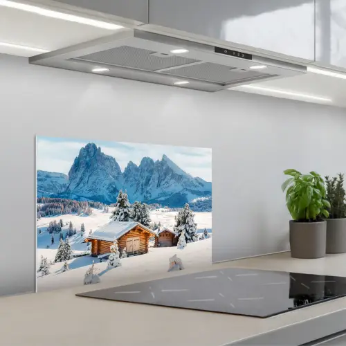 Winter - Huisje - Bergen - Uitzicht - Sneeuw keuken achterwand spatscherm klein -3d_schuin