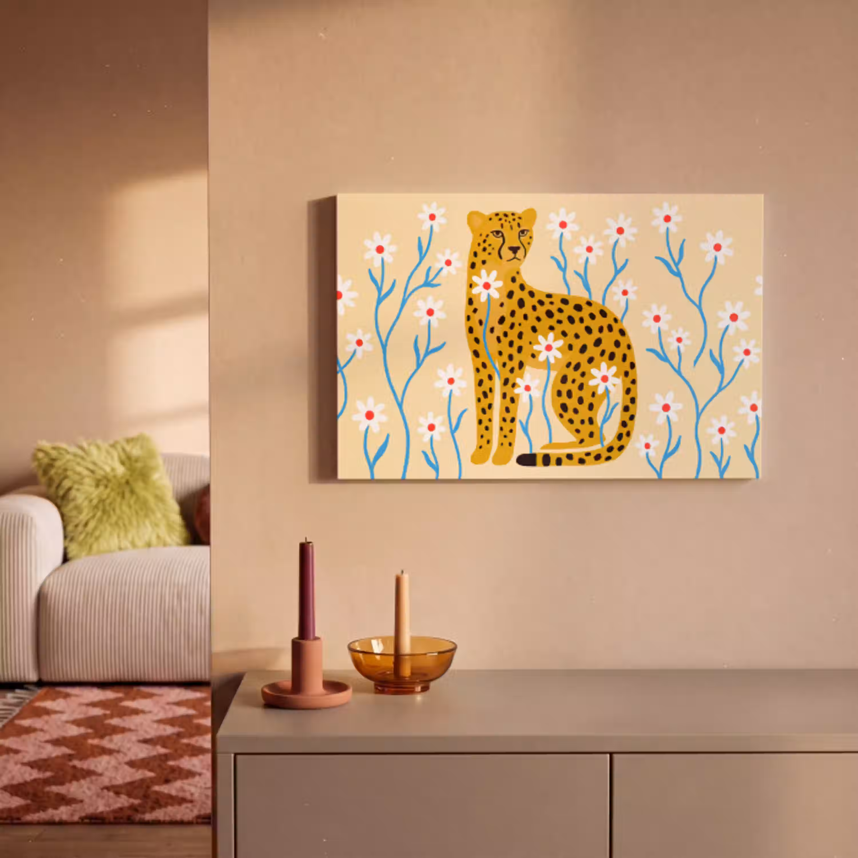 Dieren - Jachtluipaard - Bloemen - Modern - Geel canvas 2cm klein -sfeer1