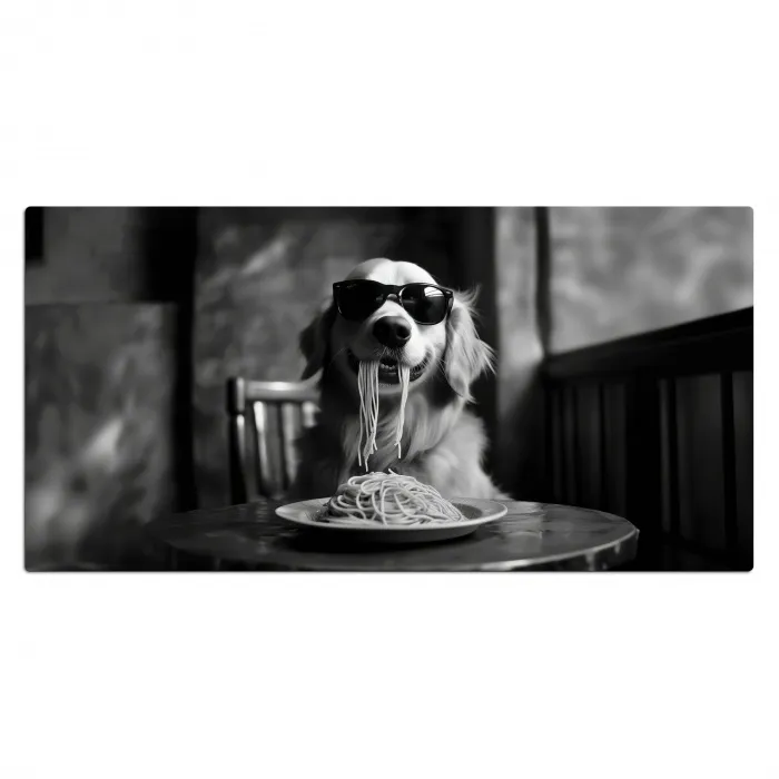 Golden Retriever - Hond - Vrolijk -  Bord spaghetti - Zwart - wit Muismat XXL klein -3d_leeg