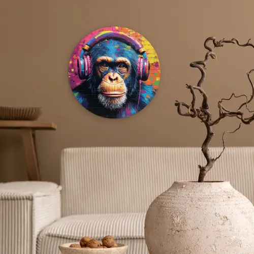 Graffiti - Chimpanzee - Street art - Koptelefoon - Aap Wandcirkel kunststof plaat 5mm dik klein -sfeer1