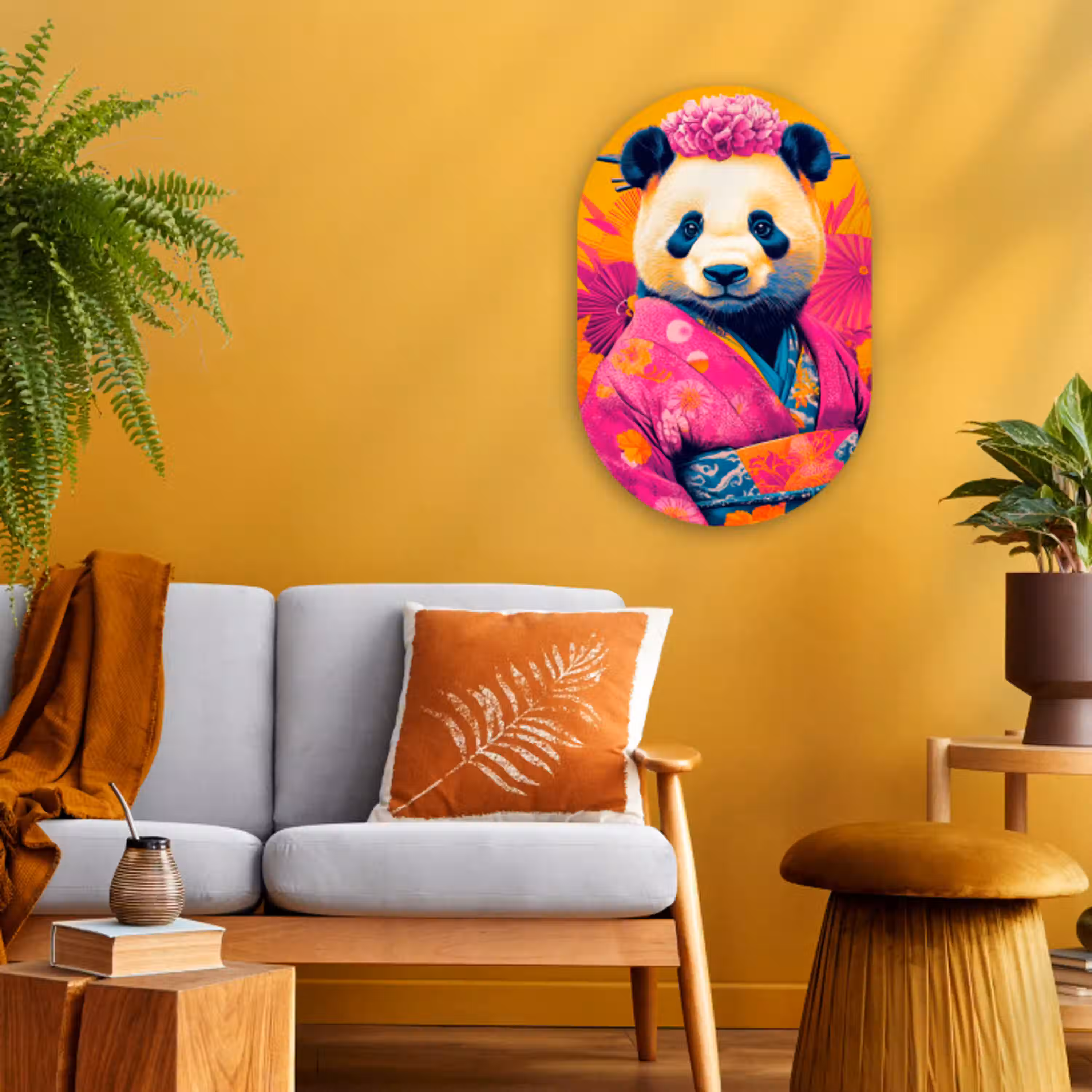 Kimono - Roze - Panda - Bloemenkroon Wandcirkel Ovaal Forex klein -sfeer4
