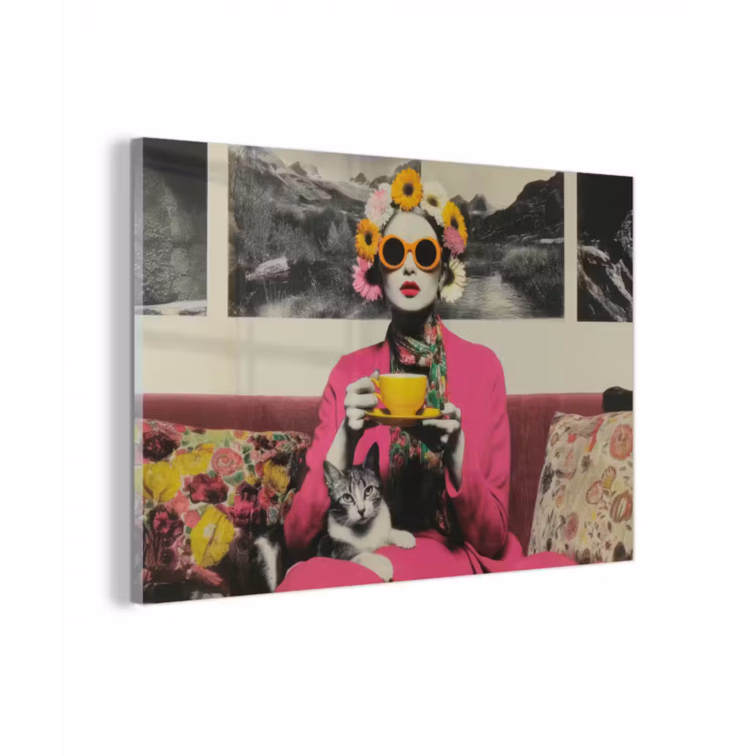 Glas schilderij - Vrouw - Kat - Bloemen - Kopje - Retro