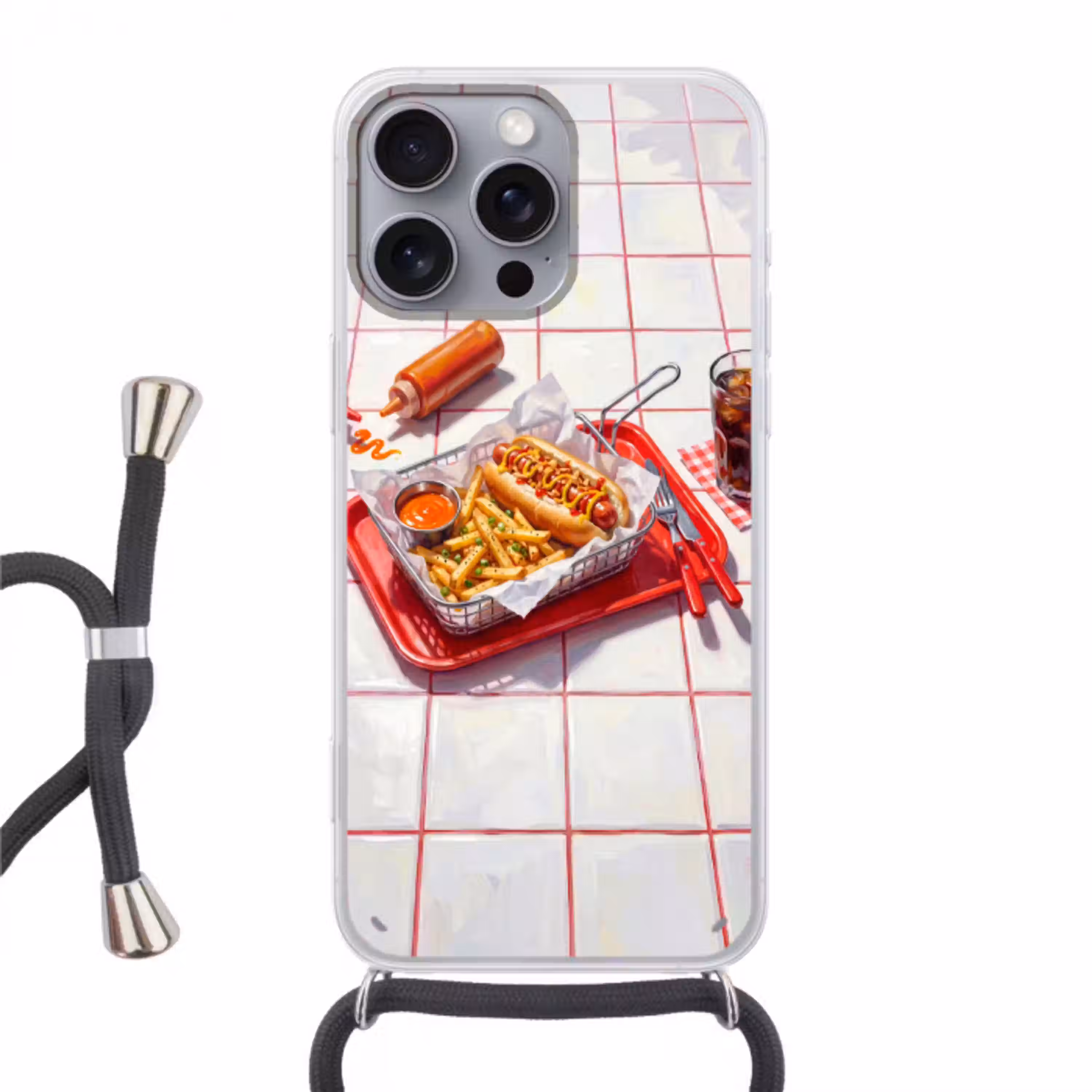 Eten - Hotdog - Fastfood - Modern - Rood Hoesje iPhone 16 Pro Max met koord klein -3d