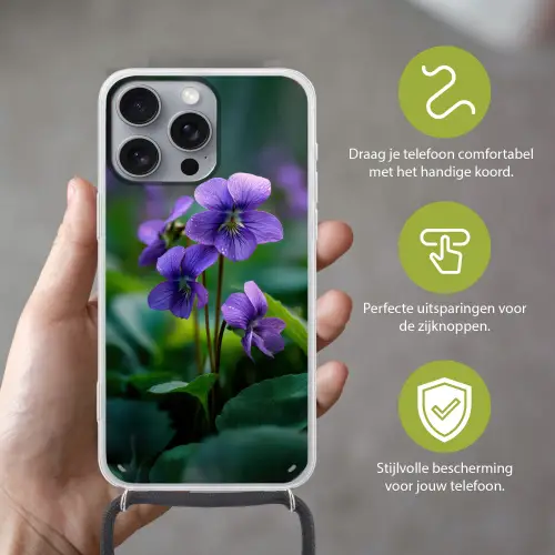 Viooltjes - Paars - Bloem - Bladeren Hoesje iPhone 16 Pro Max met koord klein -sfeer2_NL