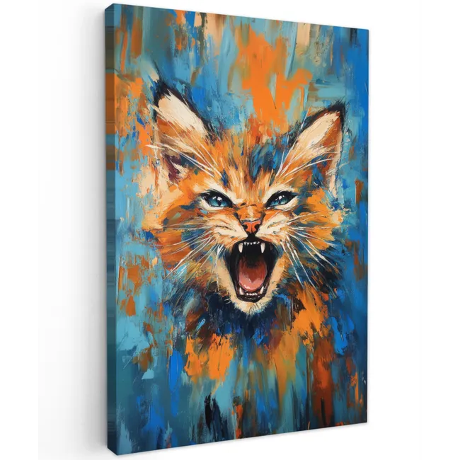 Kat - Kleurrijk - Oranje - Blauw Tuinposter op houten frame 2 cm dik klein -3d