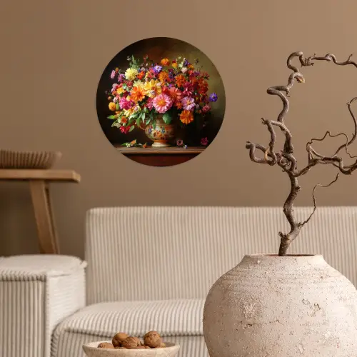 Kleuren - Boeket - Vaas - Hout Wandcirkel behangsticker klein -sfeer1