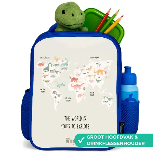 Dino wereldkaart Kinderrugzak - Blauw middel -inhoud_NL