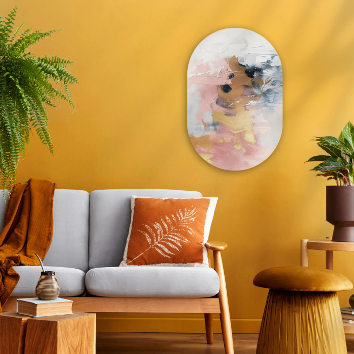 Abstract - Pastel kleuren - Goud - Modern - Aesthetic Wandcirkel Ovaal Forex klein -sfeer4