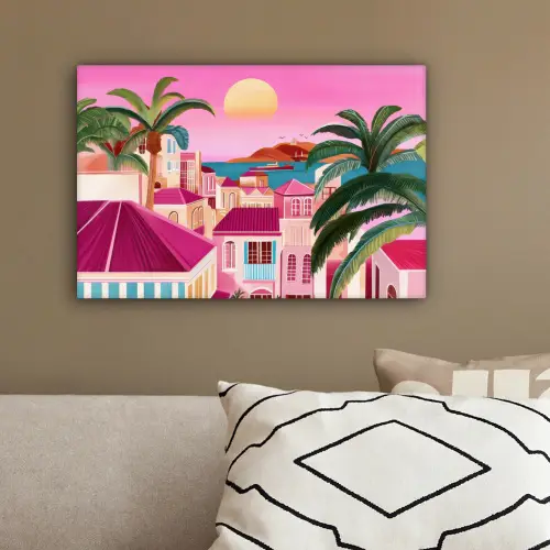 Stad - Roze - Palmbomen canvas 2cm klein -sfeer3