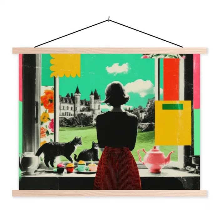 Vrouw - Keuken - Katten - Doorkijk textielposter latten blank klein -3d