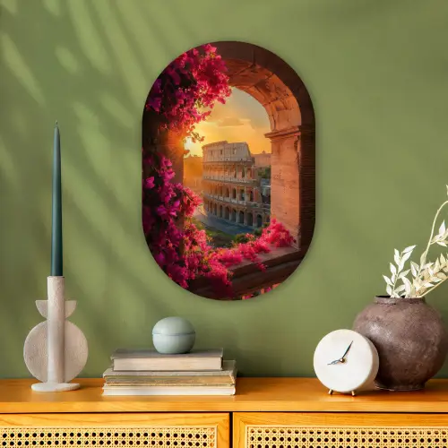 Colosseum - Rome - Roze Bloemen Wandcirkel Ovaal Forex klein -sfeer2