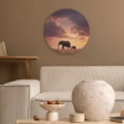 Olifanten - Grasland - Zonsondergang Akoestische PET Vilt - Rond klein -sfeer1