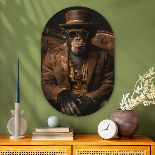 Chimpansee - Stoel - Pak - Bruin Wandcirkel Ovaal Glas middel -sfeer2