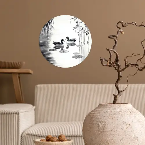 Eenden - Waterlelies - Riet - Zwart Wandcirkel behangsticker klein -sfeer1