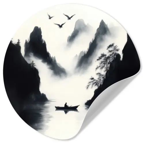 Roeiboot - Mistig - Bergen - Vogels Wandcirkel behangsticker klein -3d