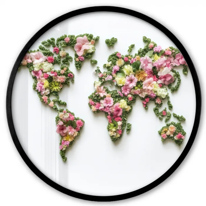 Wereldkaart - Kleurrijk - Bloemen - Lente Fotolijst rond zonder passe partout klein -3d