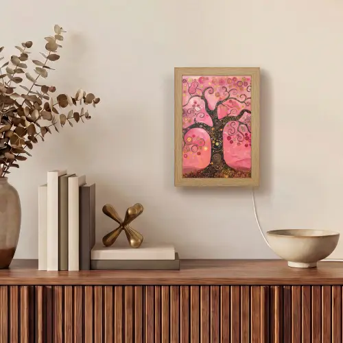 Boom - Levensboom - Roze - Goud Light Box met kabel (Tafellamp) klein -sfeer2