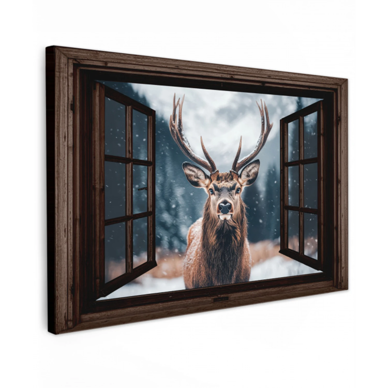 Doorkijk - Hert - Dieren - Landschap - Winter - Sneeuw - Landelijk Tuinposter op houten frame 2 cm dik klein -3d
