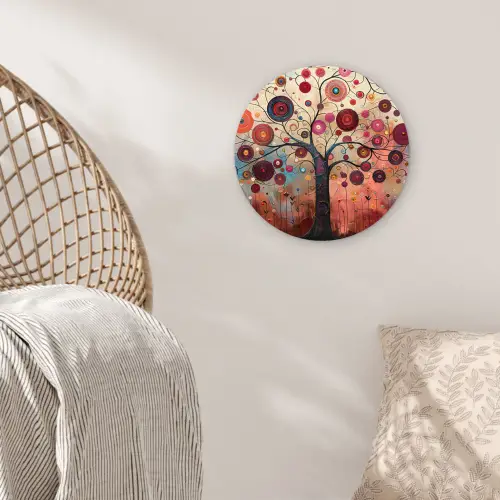 Levensboom - Bloemen - Roze - Hippie - Kunst Wandcirkel kunststof plaat 5mm dik klein -sfeer5