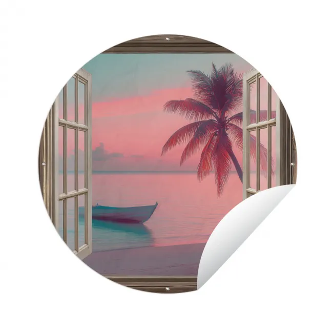 Doorkijk - Strand - Palmboom - Tropisch Wandcirkel tuinposter met ringen klein -3d