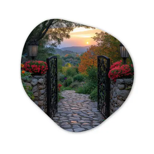 Landschap - Hek - Pad - Zonsondergang - Natuur Wandcirkel Organisch Aluminium middel -3d