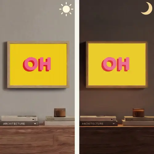 Geel - Roze - Oh - 3D Light Box met batterij (Wandlamp) middel -sfeer3