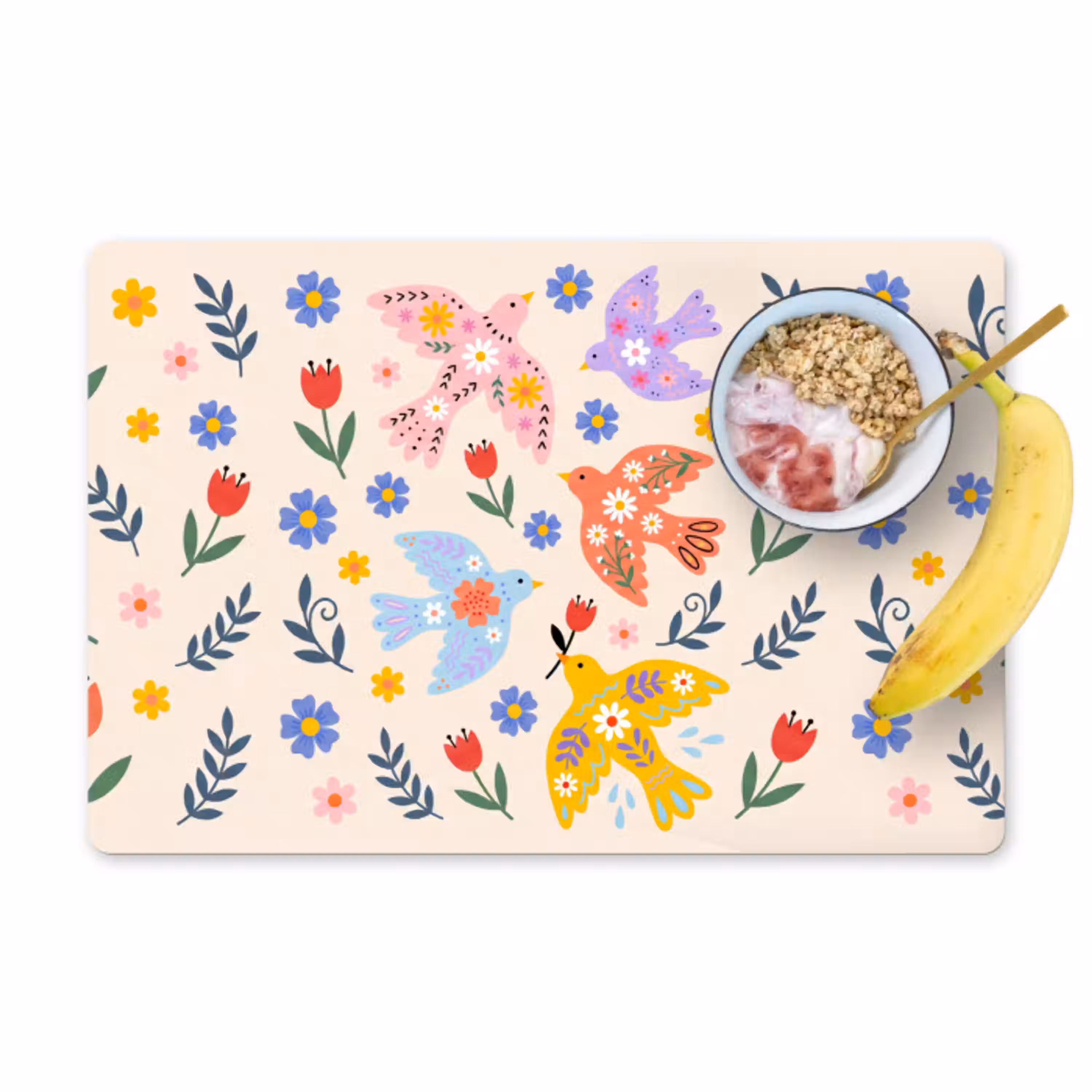 Vogel - Bloemen - Folk - Kleurrijk - Dieren Placemat vinyl groot -zzzproduct_Kitchenyeah-website