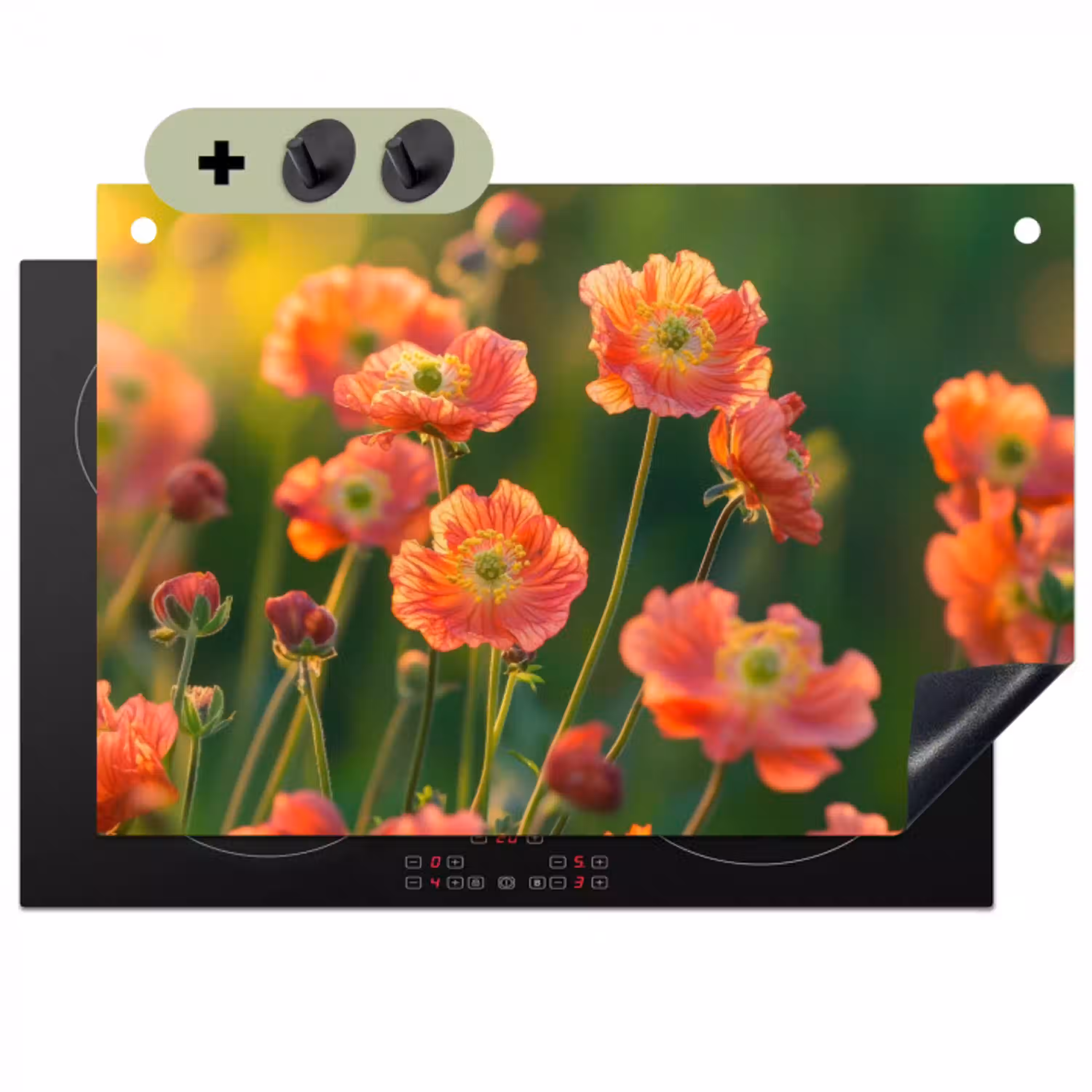 Bloemenveld - Zonnestralen - Oranje Inductie beschemer met haakjes klein -3d