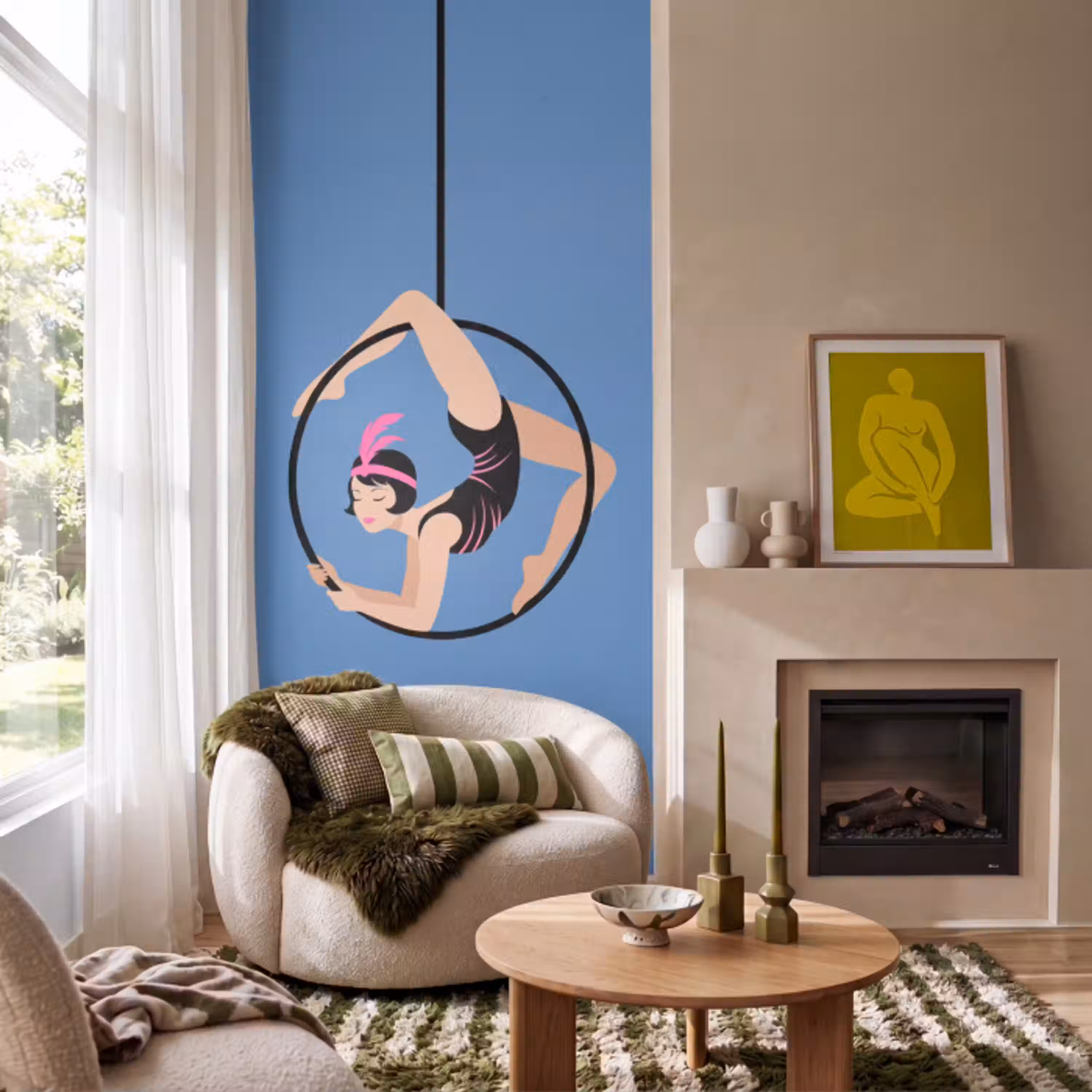 Vrouw - Aerial hoop - Art deco - Illustratie - Blauw Behang Vlies klein -sfeer2