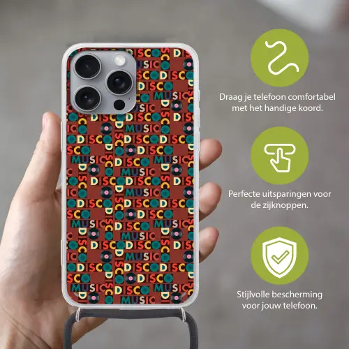 Bruin - Retro - Disco - Patroon Hoesje iPhone 16 Pro Max met koord klein 804 -sfeer2_NL