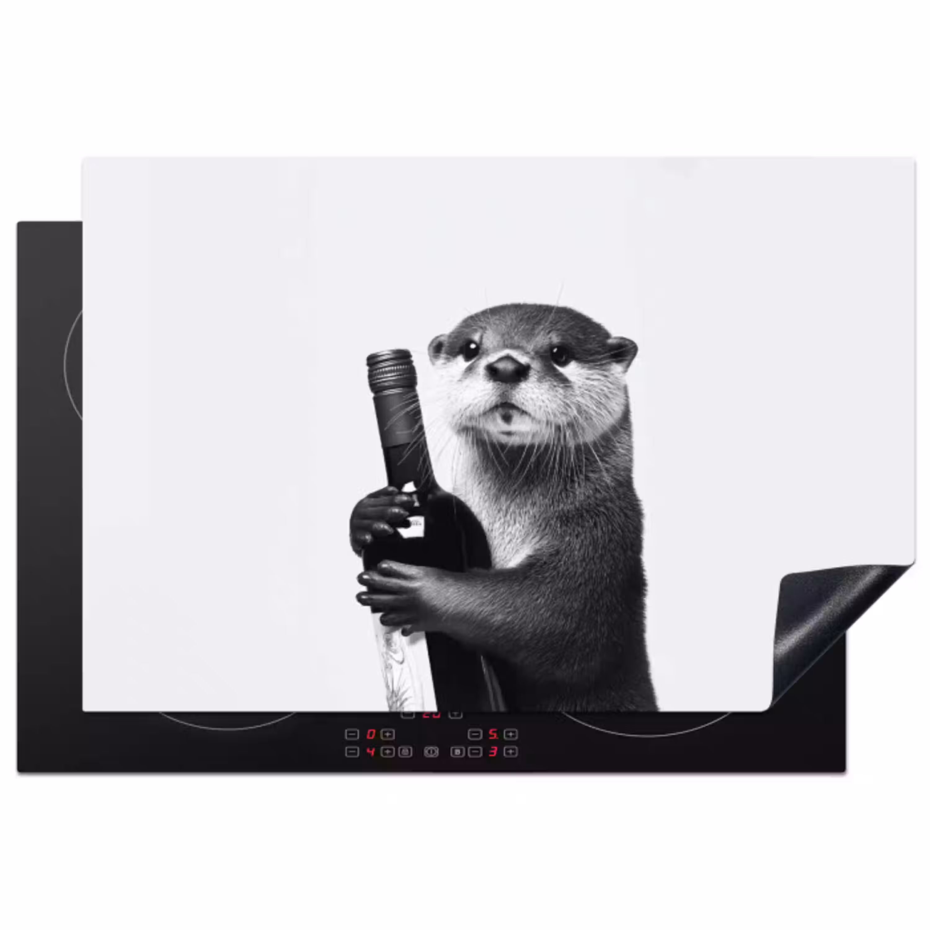 Wijnfles - Otter - Zwart Inductie beschermer vinyl 3mm klein -3d