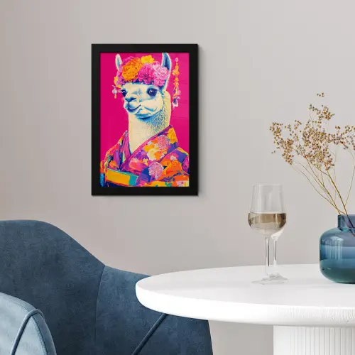 Lama - Kimono - Bloemenkrans - Felroze fotolijst zwart zonder passe partout klein -sfeer4