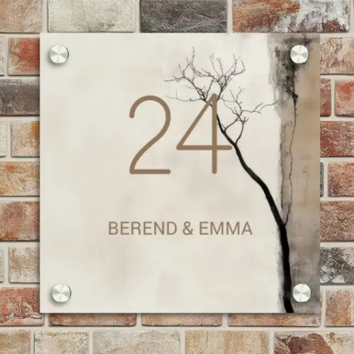 Boomsilhouet beige achtergrond - Klassiek Naambord Vierkant klein -sfeer2