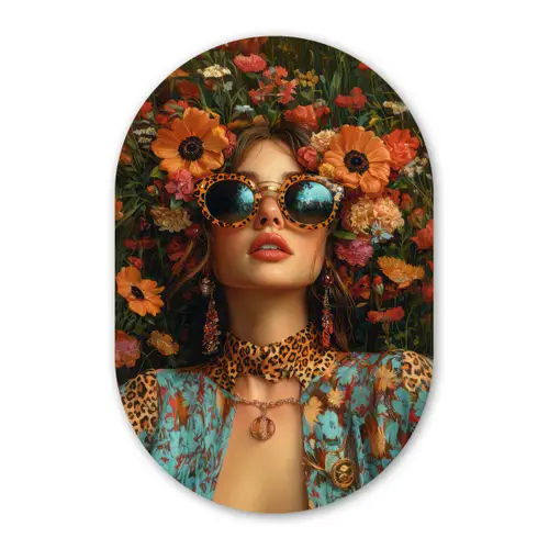 Vrouwen - Bloemen - Modern - Bril - Abstract Wandcirkel Ovaal Forex klein -3d