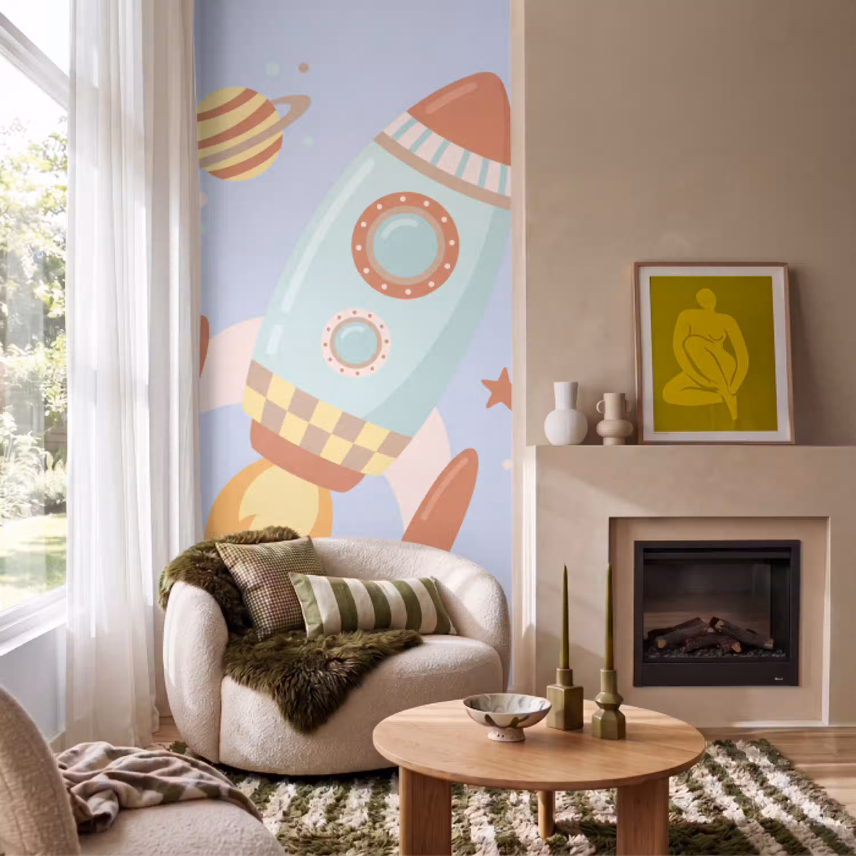 Raket - Ruimte - Planeet - Illustratie Behang Vlies klein -sfeer2