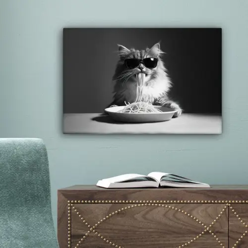 Langharige kat - Zonnebril - Spaghetti - Humor - Zwart - wit canvas 2cm klein -sfeer4
