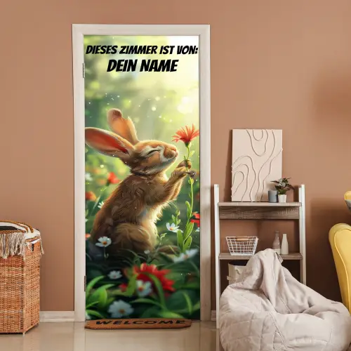 Süßer Hase mit Blume und Namensfeld. deurposter klein -sfeer1
