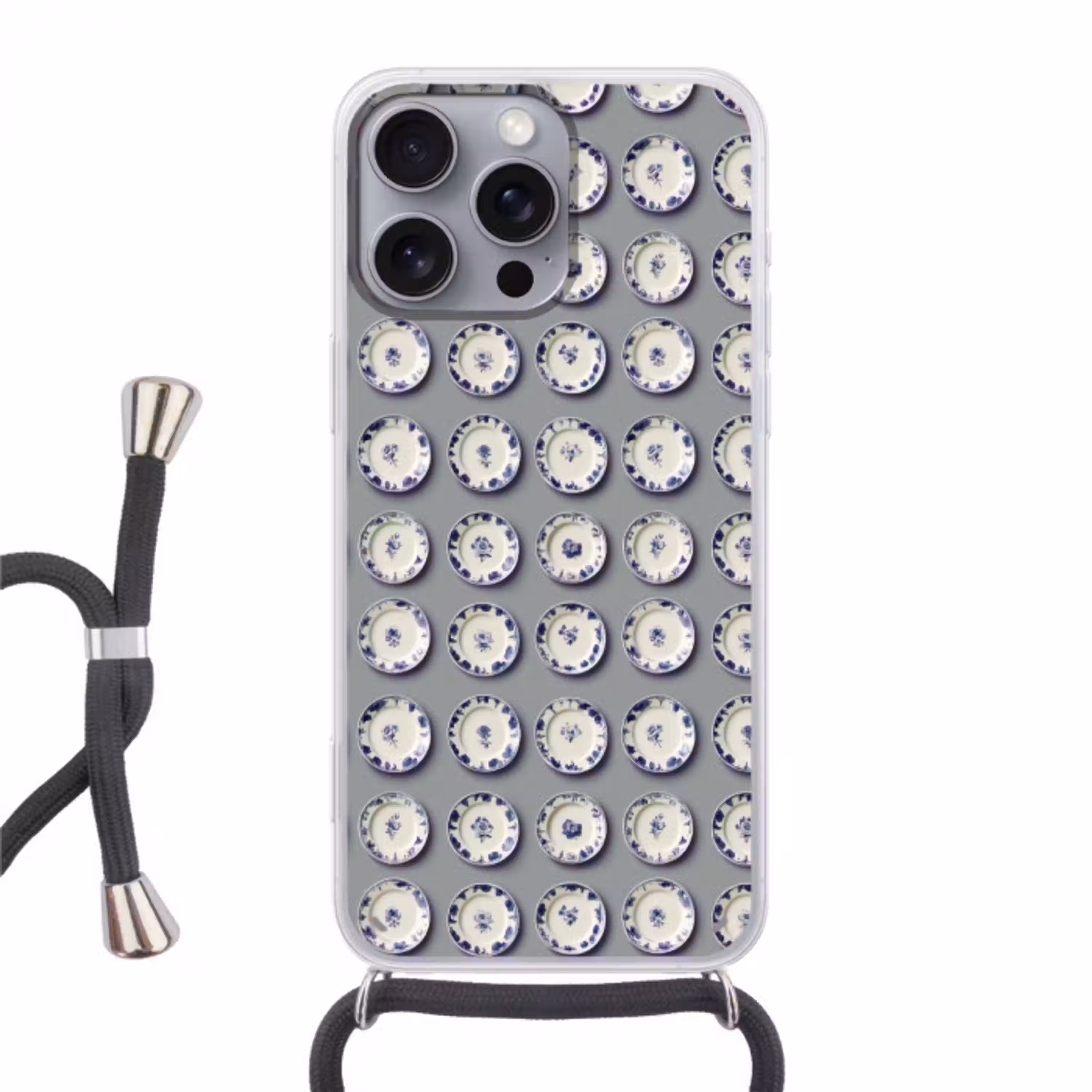 Borden - Bloemen - Blauw - Wit Hoesje iPhone 16 Pro Max met koord klein 804 -3d