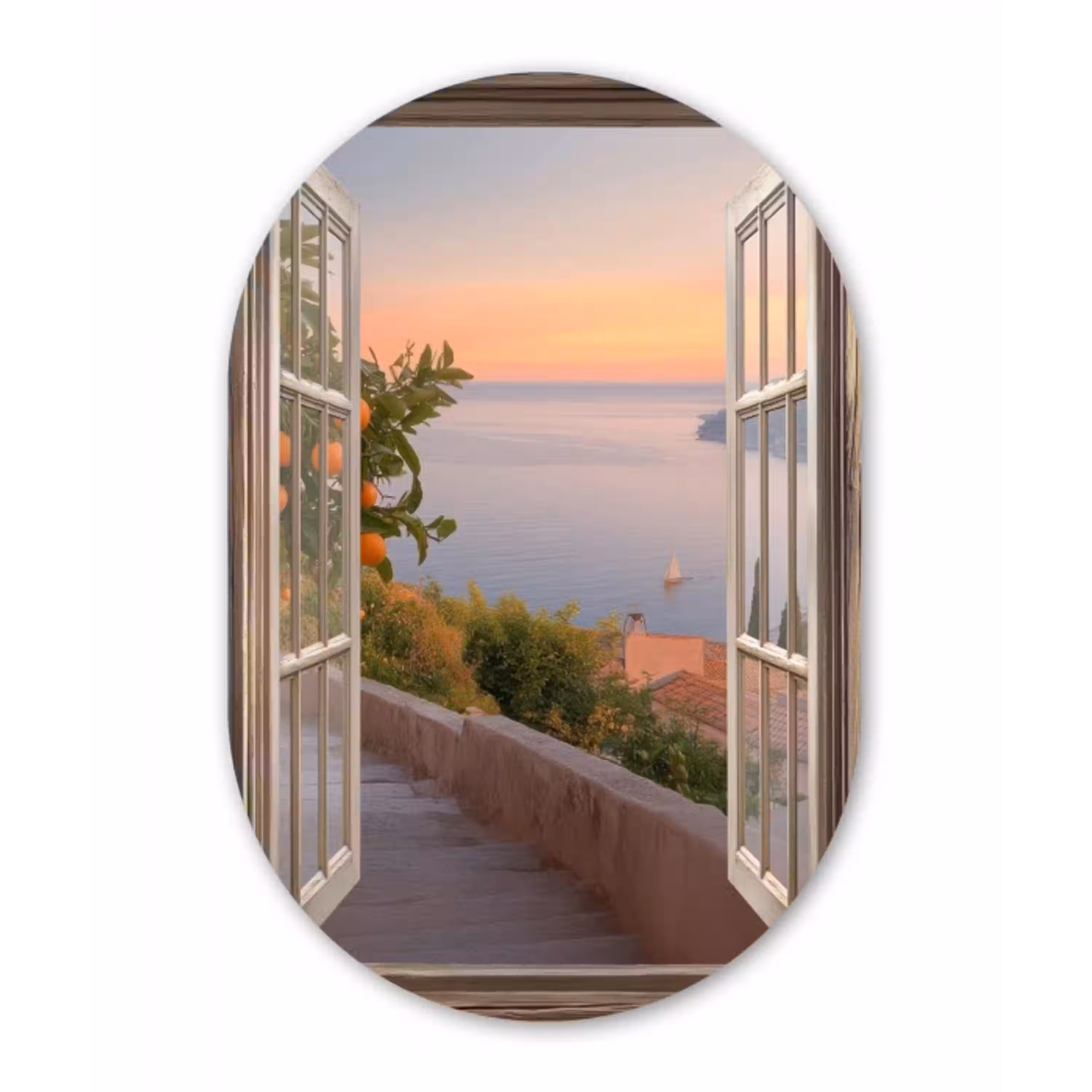 Doorkijk - Uitzicht - Meer - Landschap Wandcirkel Ovaal Glas middel -3d