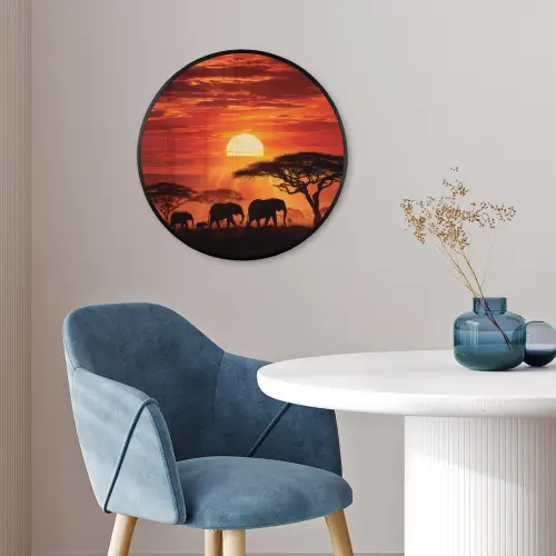 Savanne - Olifanten - Zonsondergang Fotolijst rond zonder passe partout klein -sfeer2