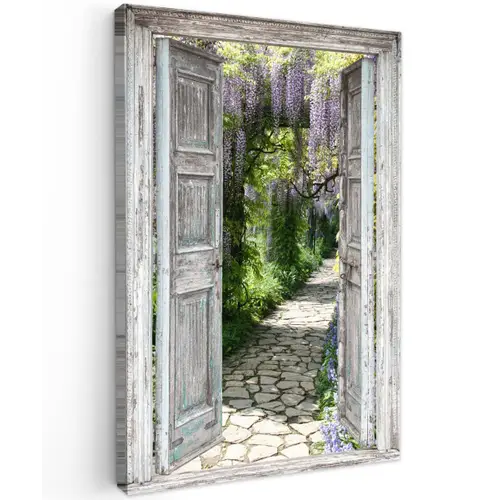 Oude deuren naar een tuinpad Tuinposter op houten frame 2 cm dik klein -3d