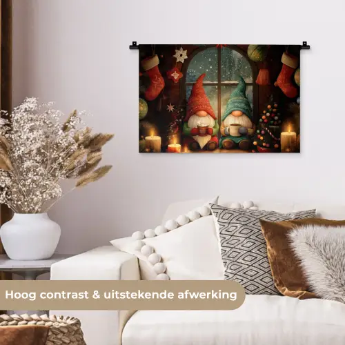 Gnooms - Kerst - Raam - Kleurrijk Wandkleed katoen klein -sfeer1