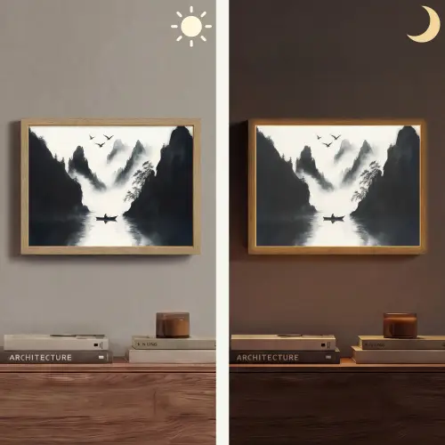 Roeiboot - Mistig - Bergen - Vogels Light Box met batterij (Wandlamp) middel -sfeer3