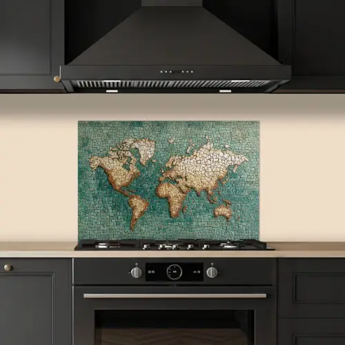 Wereldkaart - Gebroken tegels - Mozaïek keuken achterwand spatscherm klein -sfeer1