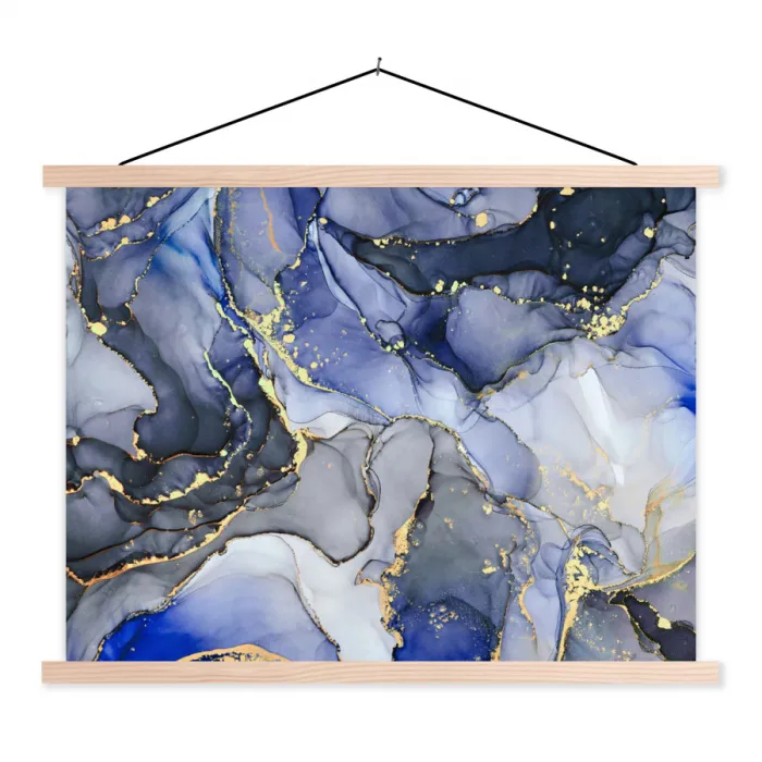 Marmer - Goud - Abstract - Blauw textielposter latten blank klein -3d