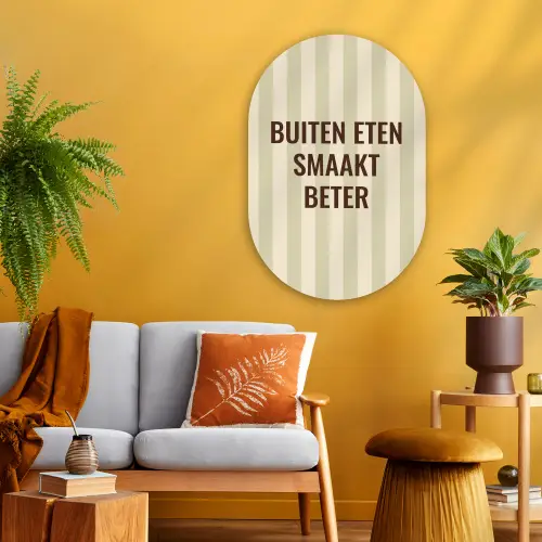 Buiten - Quote - Strepen - Zomer Wandcirkel Ovaal Glas middel -sfeer4