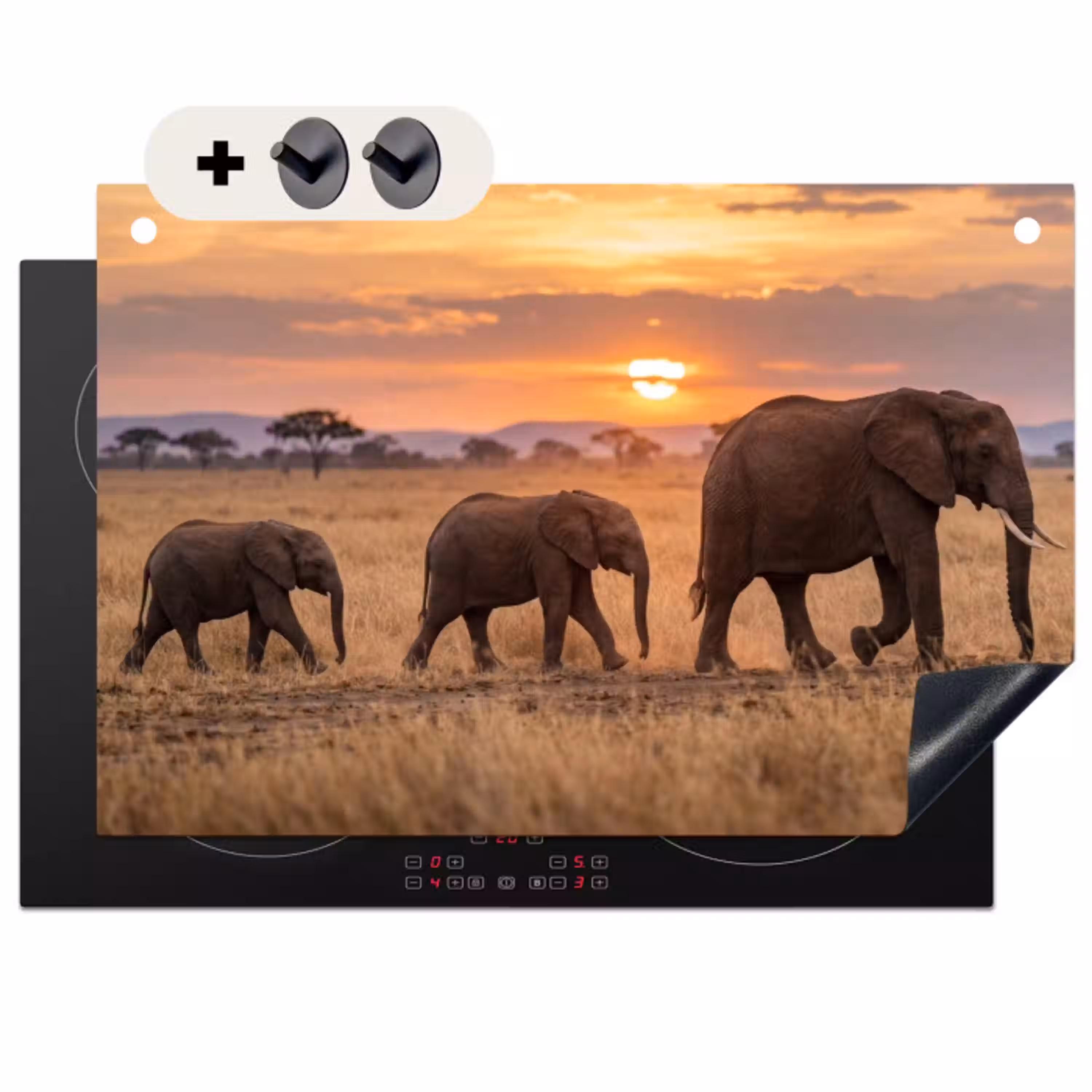 Olifanten - Savanne - Zonsondergang - Afrika - Warm Inductie beschemer met haakjes klein -3d