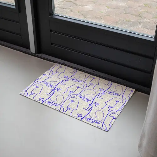 Gezicht - Blauw - Lijnen - Beige Deurmat klein 898 -sfeer2