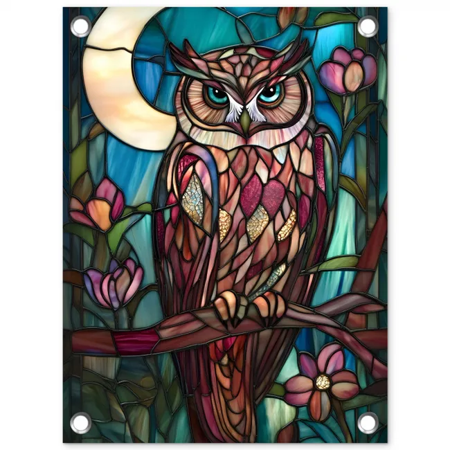 Uil - Mozaïek - Maan - Nacht tuinposter los doek klein -3d