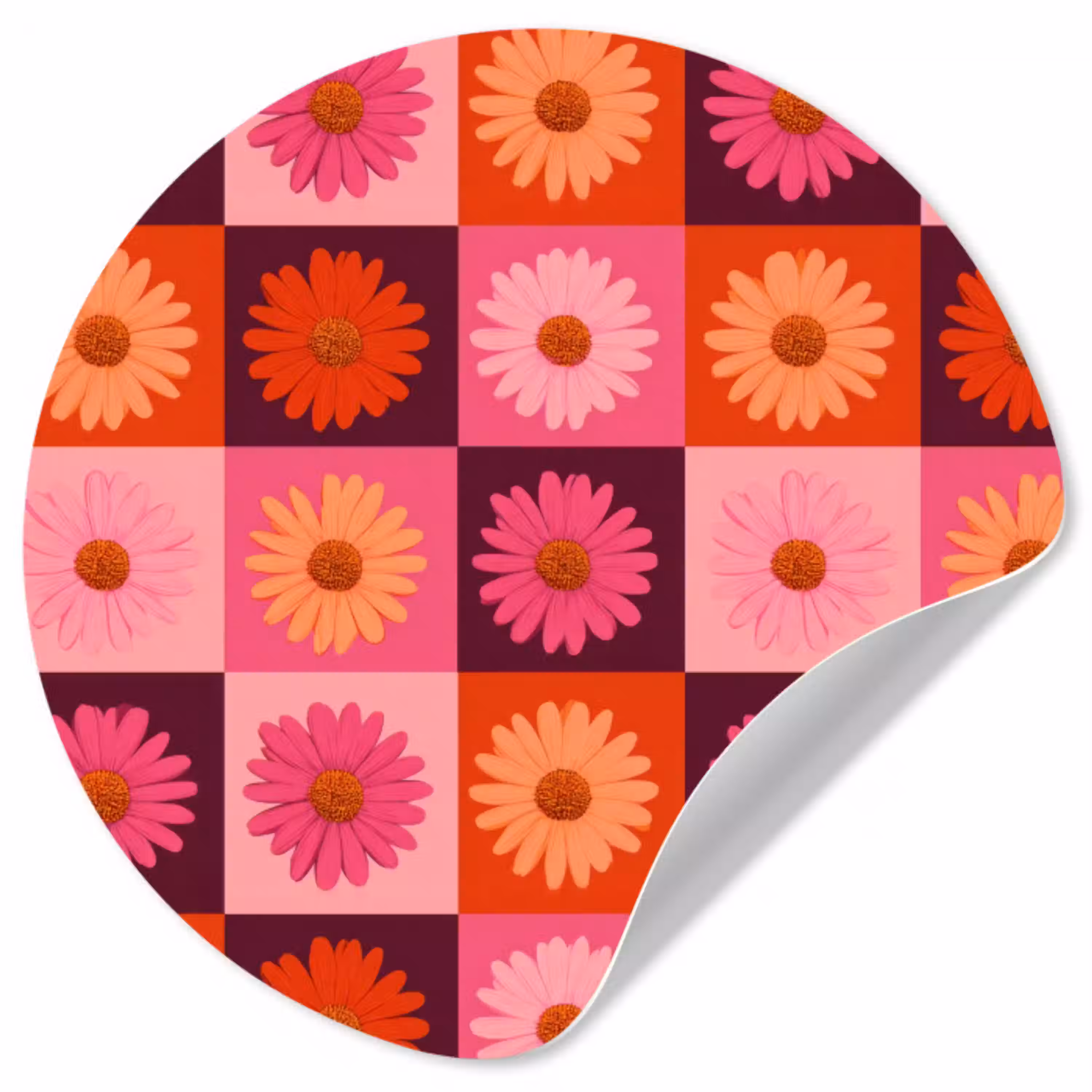 Madeliefjes - Dambord - Retro - Roze - Oranje Wandcirkel behangsticker klein 186 -3d